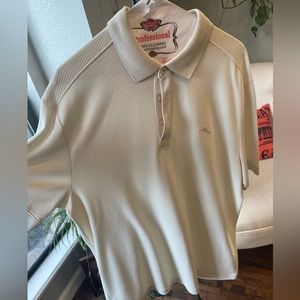 Tommy Bahama, short sleeve polo, shirt, size large cream, stripe texture